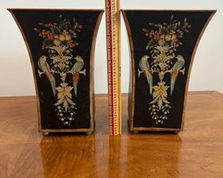 C83 - $125. PAIR Painted Cachepots. Top is 7" square x 11" tall. Painted metal. Beautiful vintage pieces. 