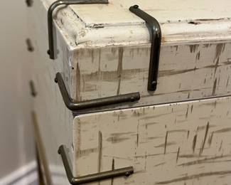 C15 - $175. Ivory Colored Lacquered Finish Chest on H Frame Brass Frame. Measures 18" wide x 10" deep x 18" tall. (Does NOT come off stand.) I believe this is Baker Furniture based on google results but the tag is missing. VERY sturdy piece. 