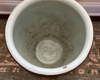 C70 - English Pottery - Redware Bread Crocks. $225 Tallest 15" wide x 15" tall. $175 smaller 12" x 12".  Larger has crazing on the inside. Both have hairline cracks that start at the top and go down a couple inches. 