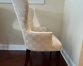 C73 - $1,250 PAIR of Custom Upholstered Hostess Chairs. Custom Fabric "1918 Garbo". Measures 29" x 29" deep x 42" tall. Floor to seat is 19". (Retail was $3,143 on the pair.) EXCELLENT condition. 