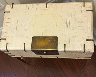 C15 - $175. Ivory Colored Lacquered Finish Chest on H Frame Brass Frame. Measures 18" wide x 10" deep x 18" tall. (Does NOT come off stand.) I believe this is Baker Furniture based on google results but the tag is missing. VERY sturdy piece. 