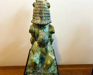 C99 - $350. PAIR of Foo Dogs on Hollow Wooden Stands. Measures 11" x 6" x 19" tall. One "knob/horn" has been repaired. Beautiful colors!