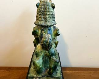 C99 - $350. PAIR of Foo Dogs on Hollow Wooden Stands. Measures 11" x 6" x 19" tall. One "knob/horn" has been repaired. Beautiful colors!