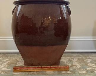 C70 - English Pottery - Redware Bread Crocks. $225 Tallest 15" wide x 15" tall. $175 smaller 12" x 12".  Larger has crazing on the inside. Both have hairline cracks that start at the top and go down a couple inches. 