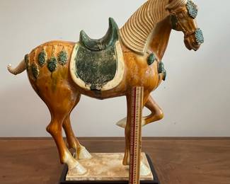 C41 - $200. T'ang Sancai Porcelain Horse.  Measures 20" long x 19.5" tall + base. 