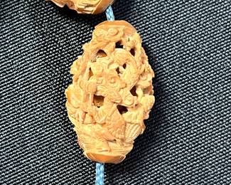 C113 - $2000. 19th Century Chinese Heido Carved Fruit Pits on Bracelet. Qing Dynasty 1850s. 12 Beads. 