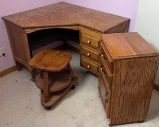 Corner Desk, Side Cabinet, and Wheeled Stool