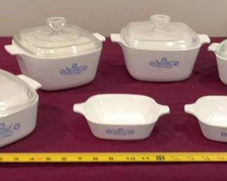 Six Piece Corning Ware Blue Cornflower Design. Assortment of Casserole Sizes.