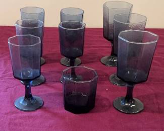 9 Pieces of Libbey Facets Cobalt Blue Octagon Glassware 