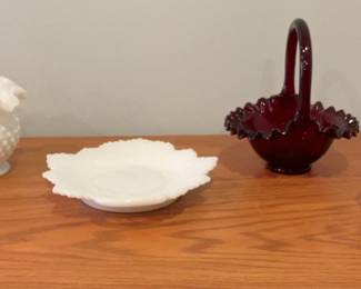 Fenton Hobnail Milk Glassware And Kings Crown Toothpick Holder