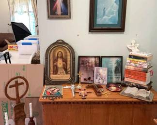 Large Assortment of Religious Home Decor Items Books