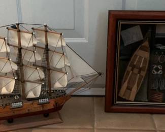 Nautical Themed Shadow Box And Vintage Model Ship