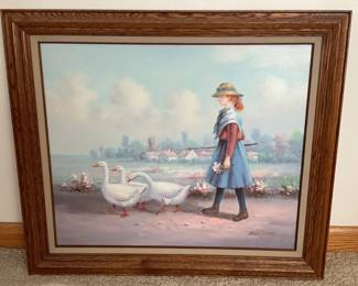Framed Oil Painting Of Girl With Her Geese
