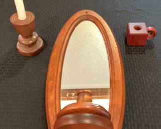 Vintage Wooden Oval Mirror And Two Wooden Candle Stick Holders