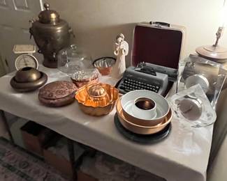 Copper Baking Items, Brass Coffee Urn, Vintage Typewriter, Lamp