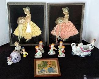 VintageAntique  Pincushion, Ribbon Ladies, Staffordshire Swan  Occupied Japan Figures