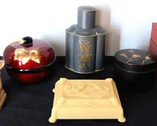 Chinese Pewter Tea Caddy Lacquerware Pieces