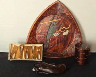 Japanese Cherry Bark Tea Canister, Mother of Pearl Inlaid Wood Tray