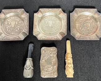 Antique Sterling Cigar Holder, Match Safe Ashtrays