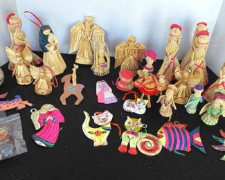 Vintage Mexican Straw, Woven, Tin And Pottery, Folk Art 