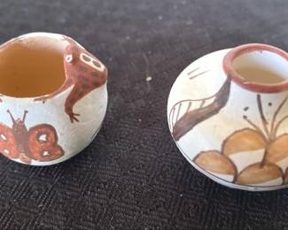 Native American, Mini Figure, Clay And Horse Hair Pots 