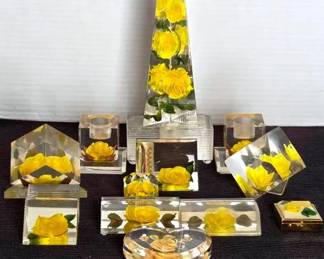 Retro Vintage Carved Lucite Yellow Roses