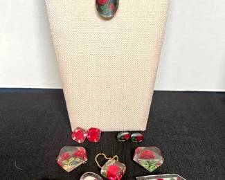 Retro Vintage Reverse Carved Lucite Red Rose Jewelry