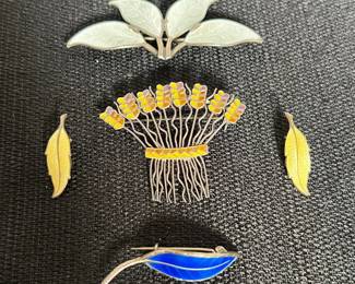 Vtg Norway Sterling Enamel Guilloche Pins  Earrings  David Andersen