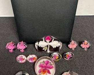 Vintage Reverse Carved Lucite W Orchids Jewelry