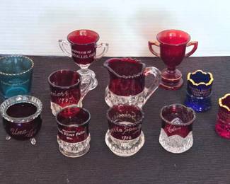 Antique Ruby Stained Souvenir Toothpick Holders Creamer