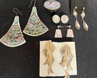 Vtg Shell Sterling Alpaca Earrings Pill Box