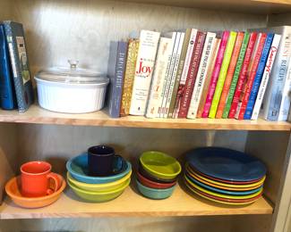 Cookbooks (lots of Ina Garten), Fiesta plates, bowls & mugs 