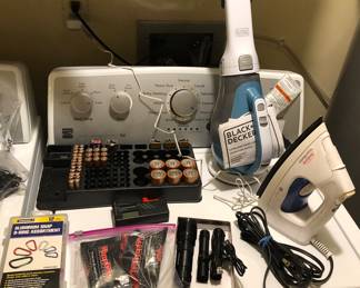 Black & Decker cordless hand vac, Sunbeam iron, flashlights