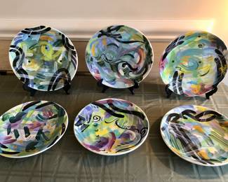 Hand painted plates by artist Mark Horiuchi - each 14” diameter. Mark made plates for the Painted Table restaurant in Seattle & is the great nephew of NW painter & collagist Paul Horiuchi