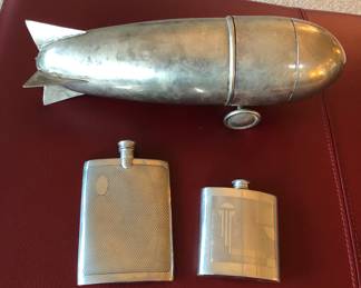Last minute finds: silverplate Zepellin cocktail shaker, Art Deco Sheffield pewter flasks 