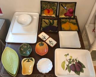 Serving plates & bowls by Crate & Barrel, Portmeirion + artist signed square fruit plates 