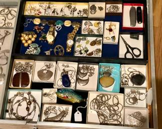 Jewelry: vintage dress clips, Coro bee pins, lots of earrings, Raymond Weil 3745 Fidelio watch, Silpada necklaces, vintage fish Xmas ornament, sterling handle sewing scissors 