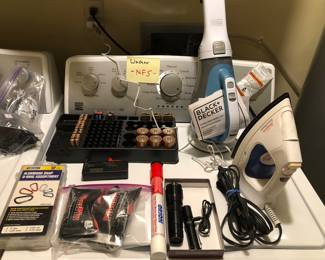 Black & Decker cordless hand vac, Sunbeam iron, flashlights