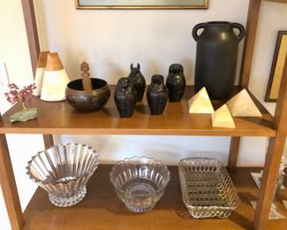 Glass bowl by Rosenthal, mid century stone & wood conical bookends, Tibetan singing bowl, Egyptian canopic jars,  onyx pyramids 