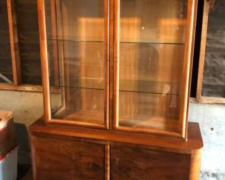 Art Deco display cabinet (vitrine) 49”W, 18”D, 66”H - with light in upper part & adjustable glass shelves 