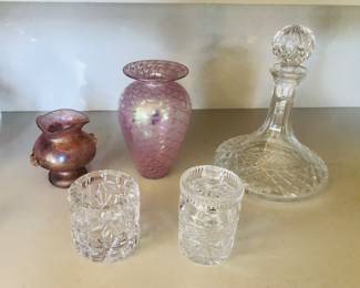 Pink Italian glass vase, pink Glass Eye Studio vase, Waterford Lismore ships decanter, Tiffany Rock Cut crystal candle holder, Waterford jam/condiment jar with lid 
