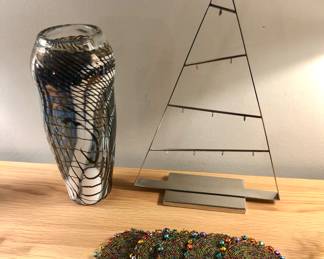 Art glass vase, Crate & Barrel silver ornament tree, fun beaded coasters 