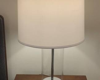 One of a pair of Safavieh chrome & glass table lamps (24” tall overall, 14” diameter shade)