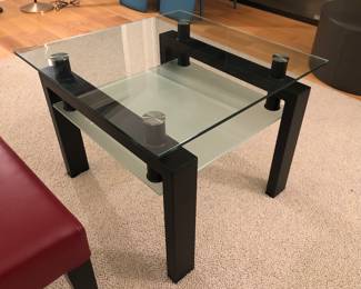One of a pair of mod glass & metal end tables with frosted glass shelf (27.5” square, 21.5” high)