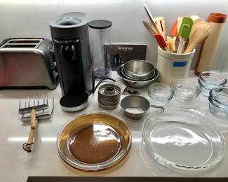 Nespresso coffee maker, Pyrex pie pans, Silat