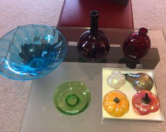 Colorful glass bowls, vases & fruit 