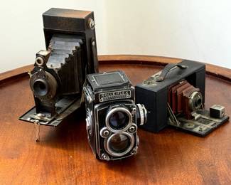 Vintage Cameras- Rolleiflex (partially functioning), Kodak Folding Brownie Model A (not functioning) and No. 2 Autographic Brownie (not functioning)