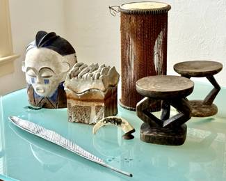 African Mask, African Walking Drum, Ceramic Art, Two Hand-Carved African Stools purchased in Zimbabwe, Etched Boar Tusk.