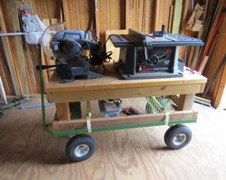 Miter saw on portable workstation (sold separately).