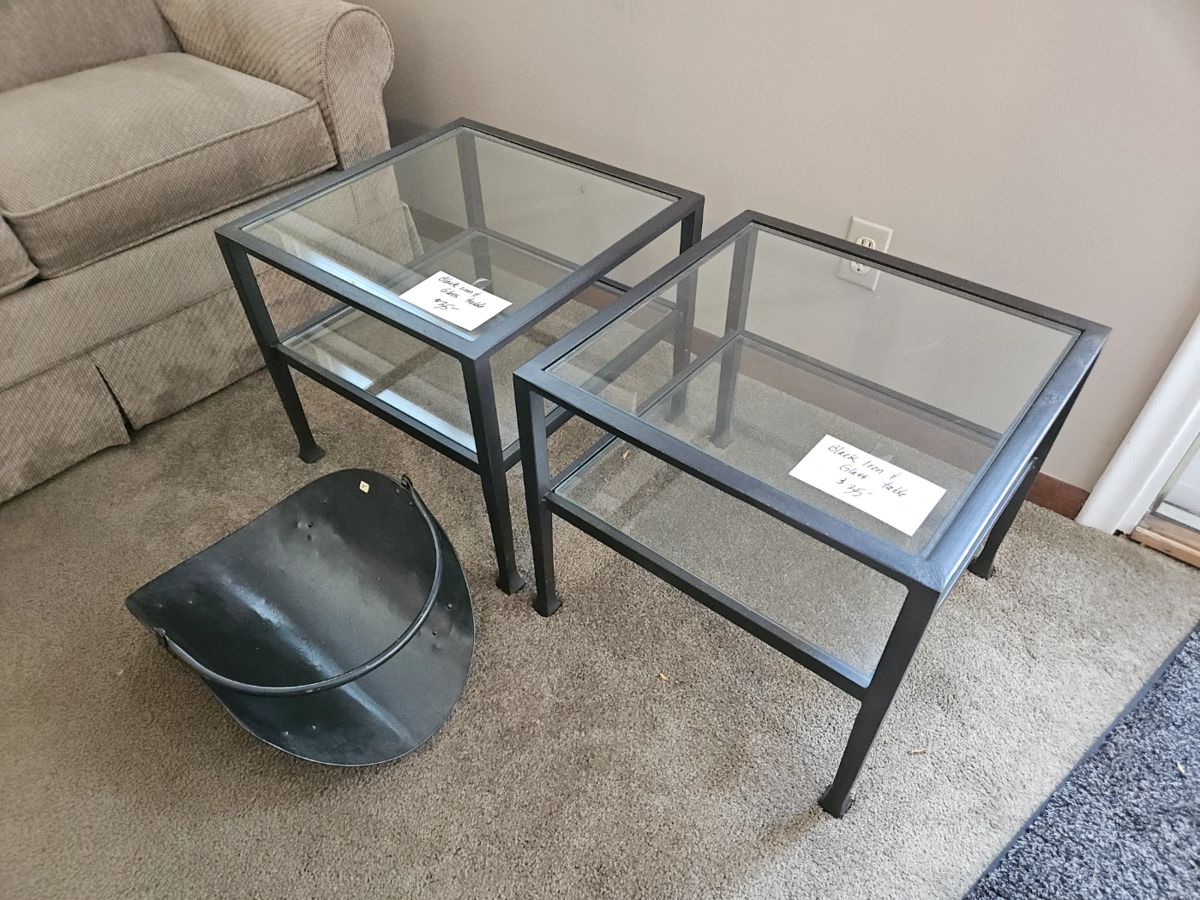 $35 ea, (2) Pier One Glass and Iron tables